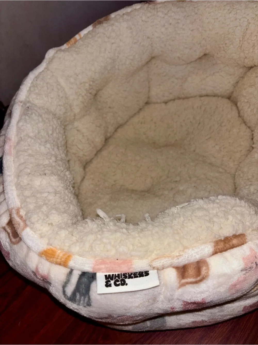 Cozy Plush Pet Bed with Cat Print - Cream Interior
